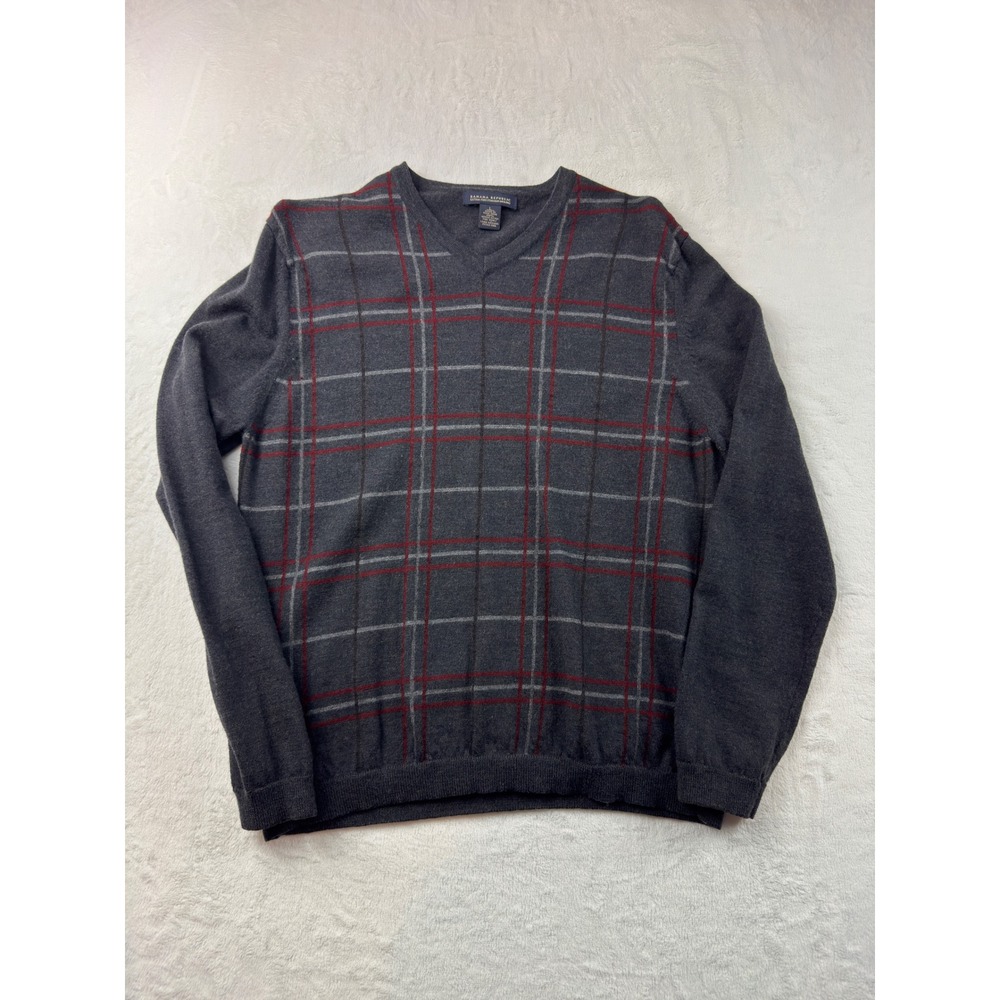 Banana Republic Mens Extra Fine Italian Merino Wool V-Neck Plaid Sweater Gray L